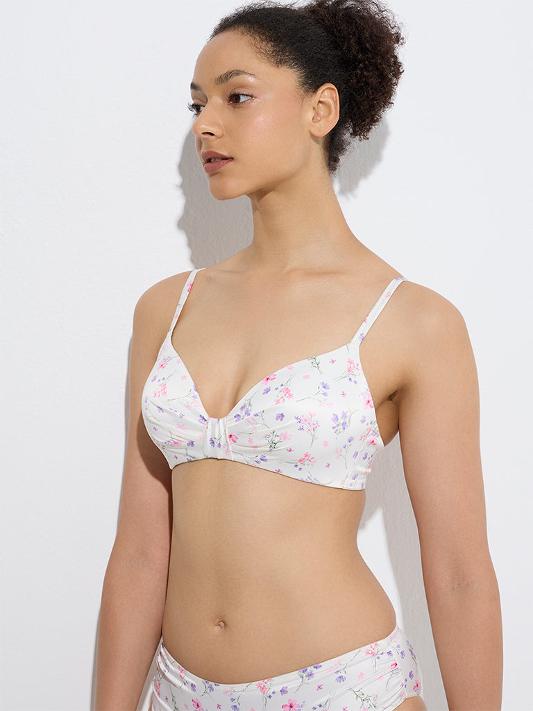 westisde Wunderlove Women's White Floral Design Satin Padded Bra for Casual Wear Front View