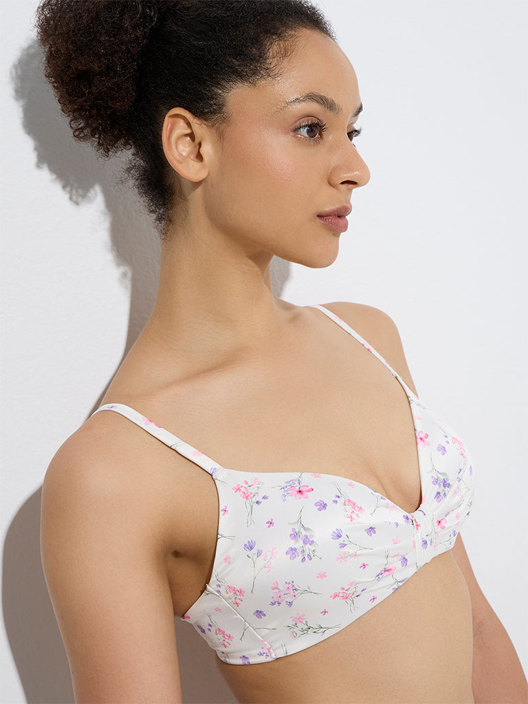 westisde Wunderlove Women's White Floral Design Satin Padded Bra for Casual Wear Zoom View