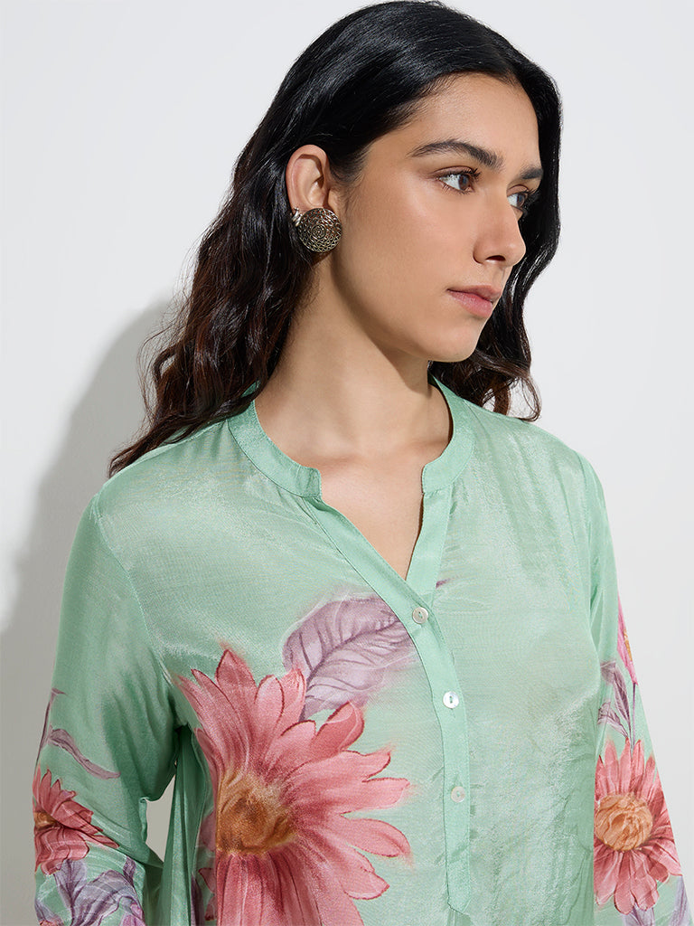 Utsa Green Floral Printed A-Line Kurta