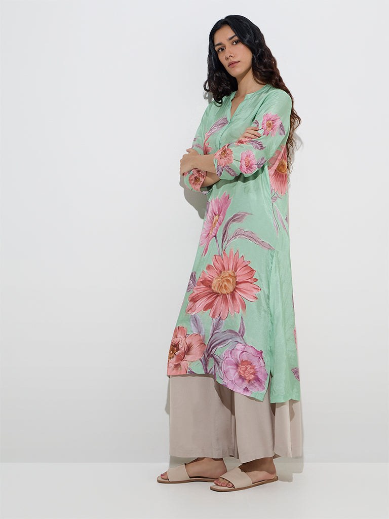 Utsa Green Floral Printed A-Line Kurta