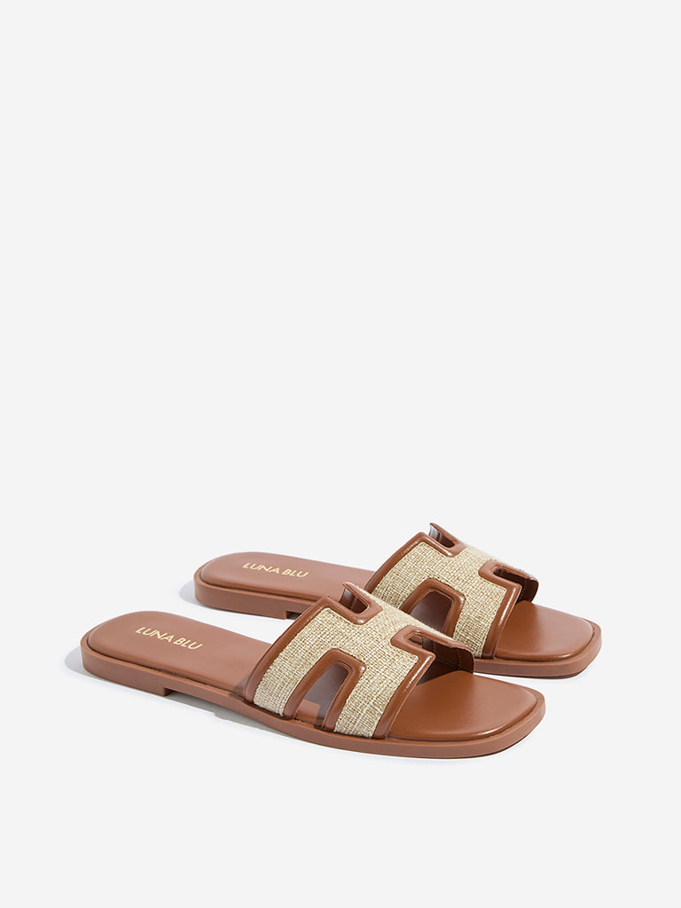 Westside LUNA BLU Women's Tan Jute-Textured Slides Front View