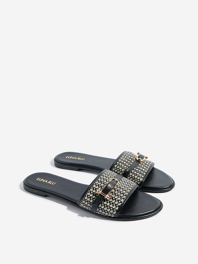 Westside LUNA BLU Women's Black Jute-Textured Slides Front View
