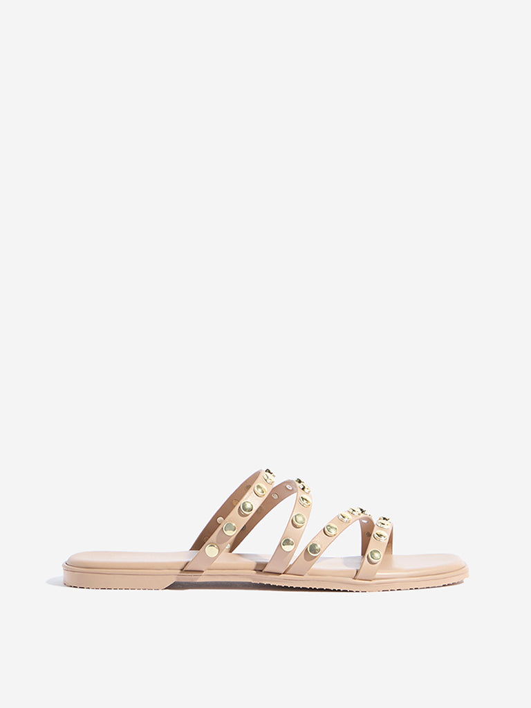 Westside LUNA BLU Women's  Beige Stud-Detailed Slides for Casual Wear Side View