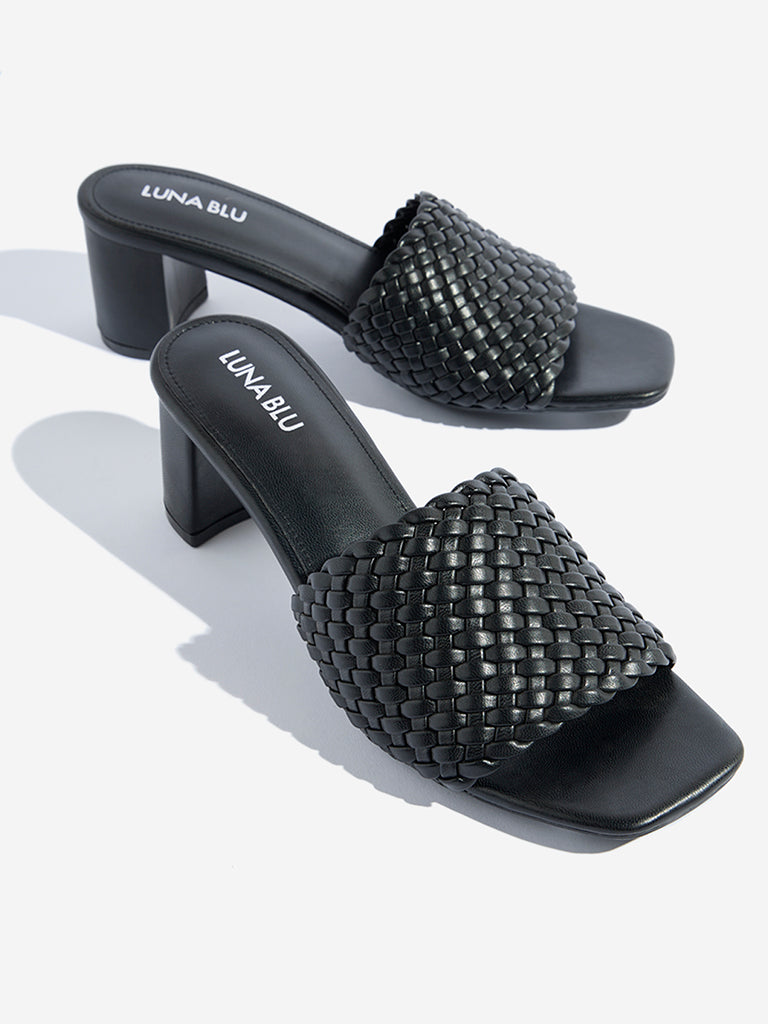LUNA BLU Black Woven-Textured Block Heel Sandals