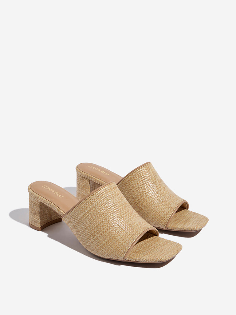 LUNA BLU Beige Raffia-Textured Block Heel Sandals