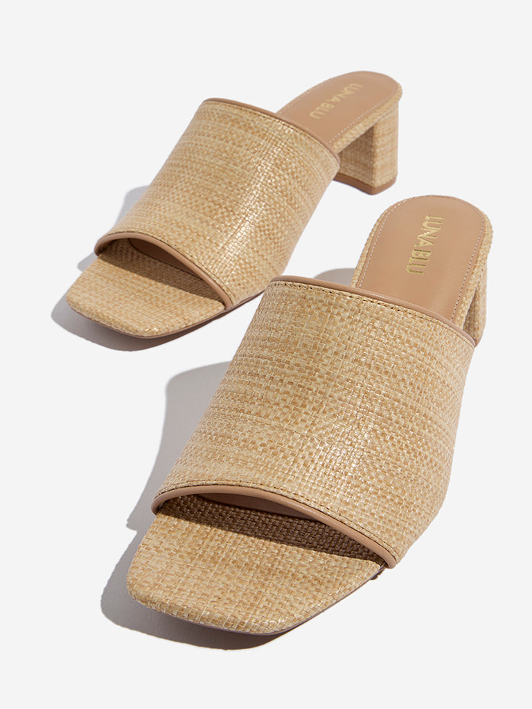 LUNA BLU Beige Raffia-Textured Block Heel Sandals