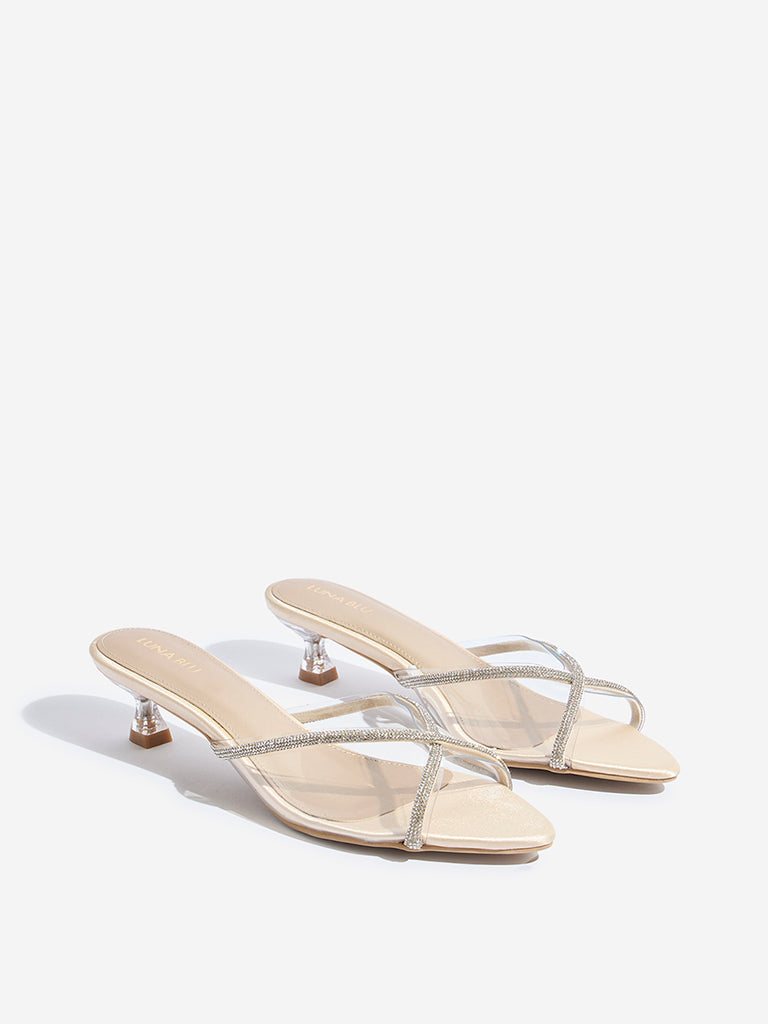 LUNA BLU Gold Diamante Embellished Kitten Heel Sandals