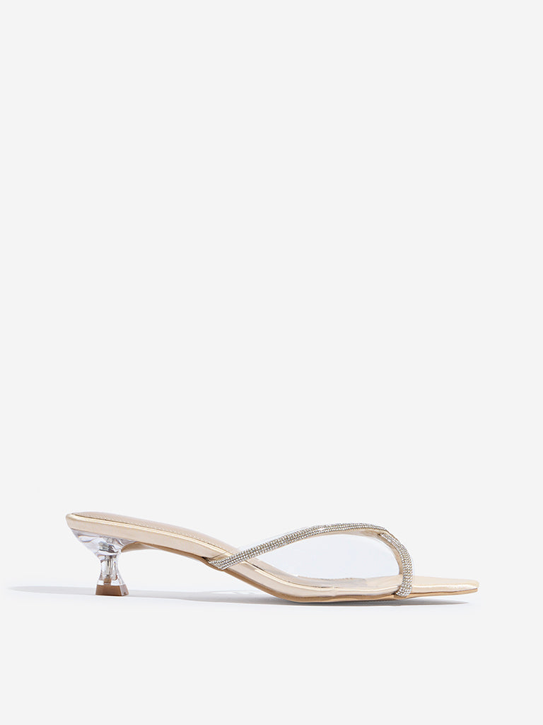 LUNA BLU Gold Diamante Embellished Kitten Heel Sandals