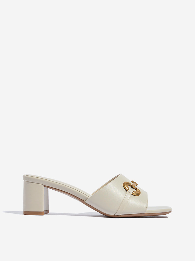 Westside LUNA BLU Women's  Ivory Hardware-Detailed Block Heel Sandals for Casual Wear Side View