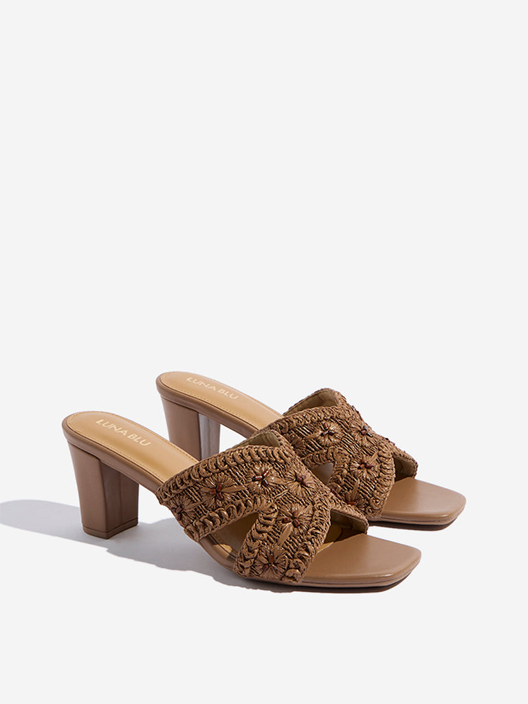 LUNA BLU Brown Floral Embroidered Heel Sandals