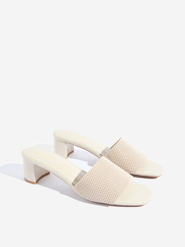 LUNA BLU Ivory Knit-Textured Block Heel Sandals