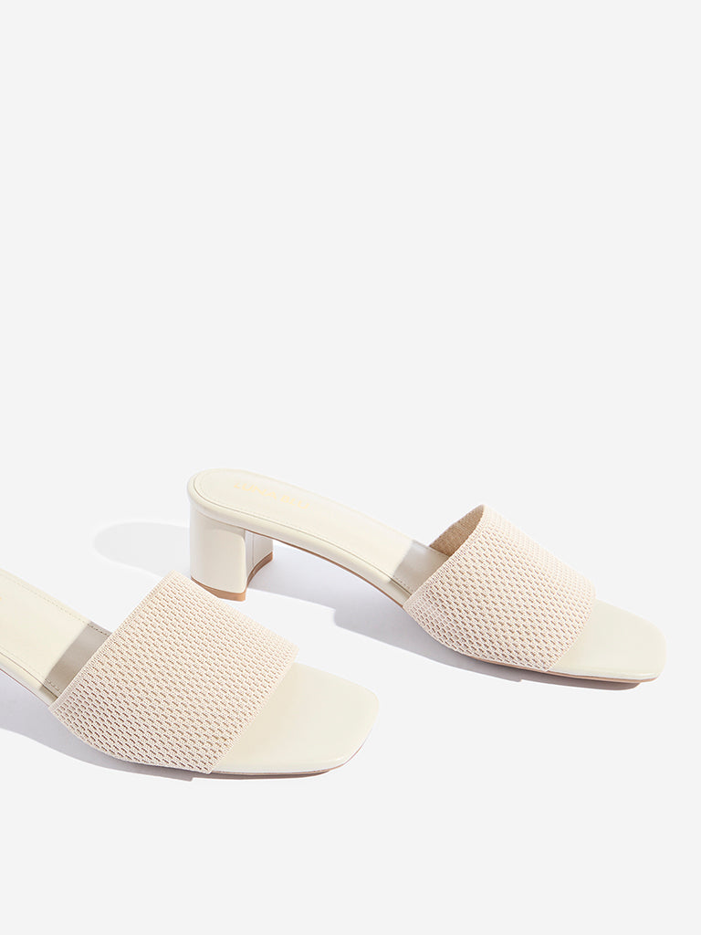LUNA BLU Ivory Knit-Textured Block Heel Sandals