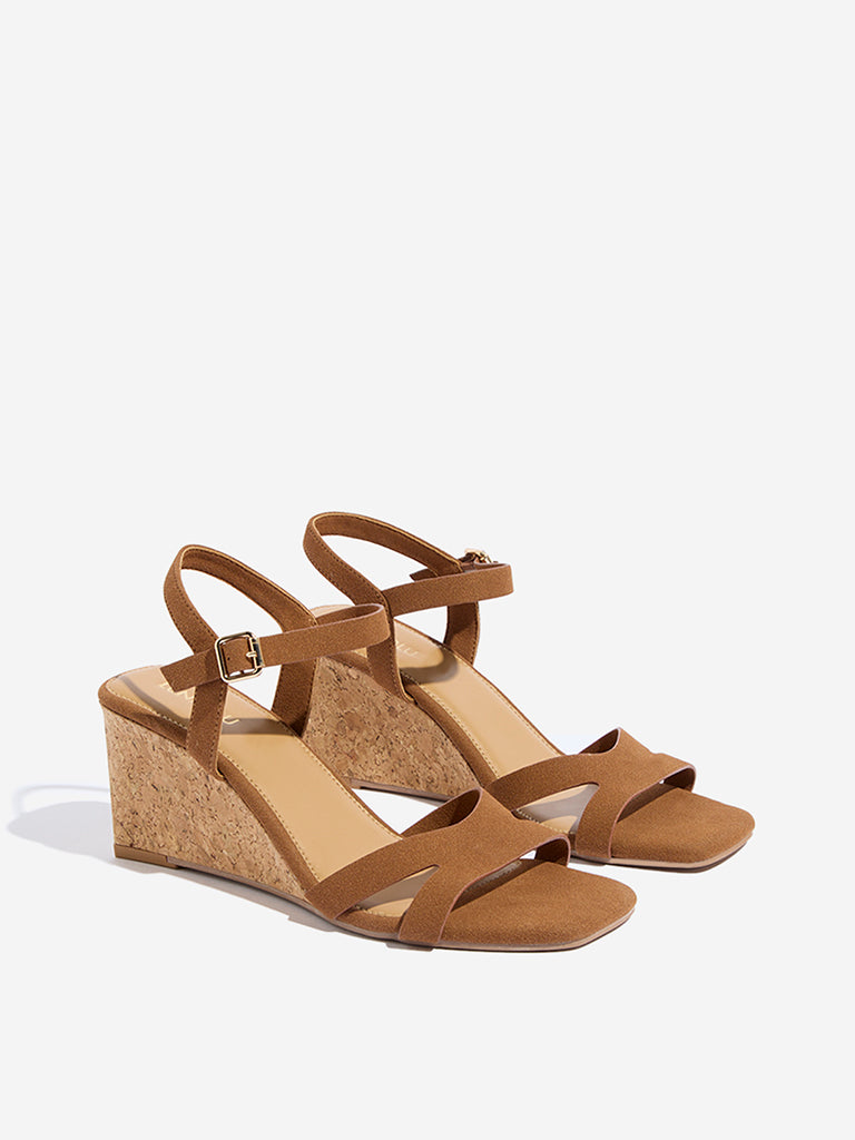 LUNA BLU Tan Slingback Wedge-Heel Sandals