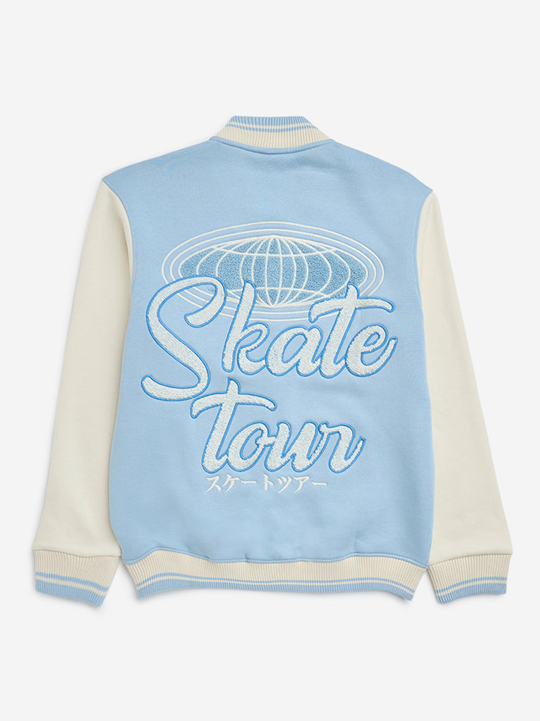 Y&F Kids Light Blue Text Embroidered Cotton Jacket