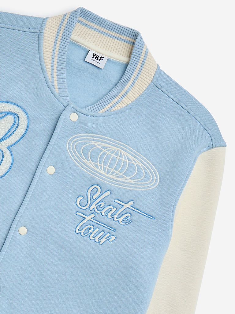 Y&F Kids Light Blue Text Embroidered Cotton Jacket