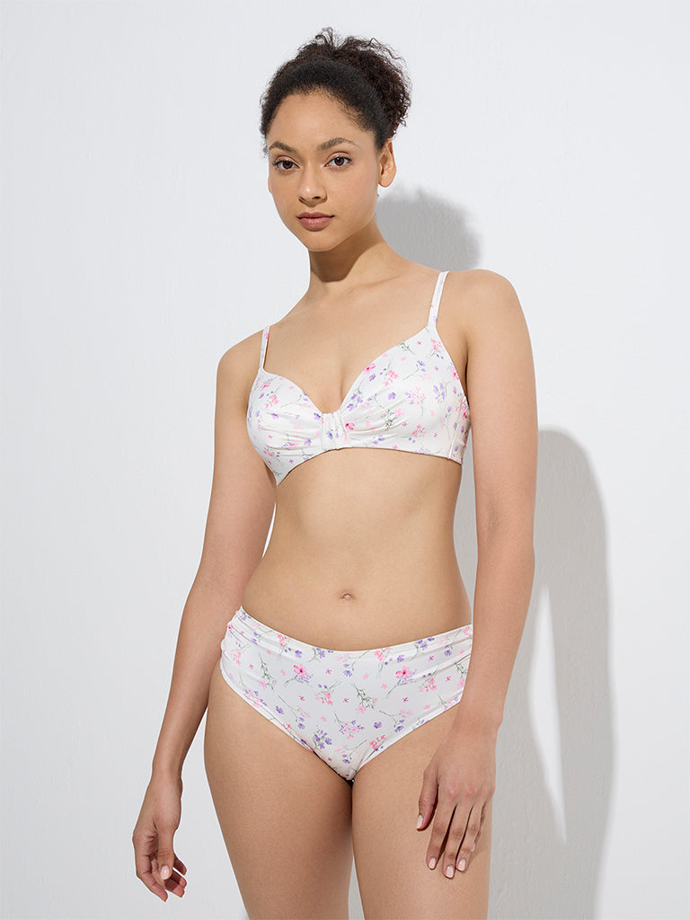 westisde Wunderlove Women's White Floral Pattern Hi-Leg Satin Brief for Casual Wear Front View