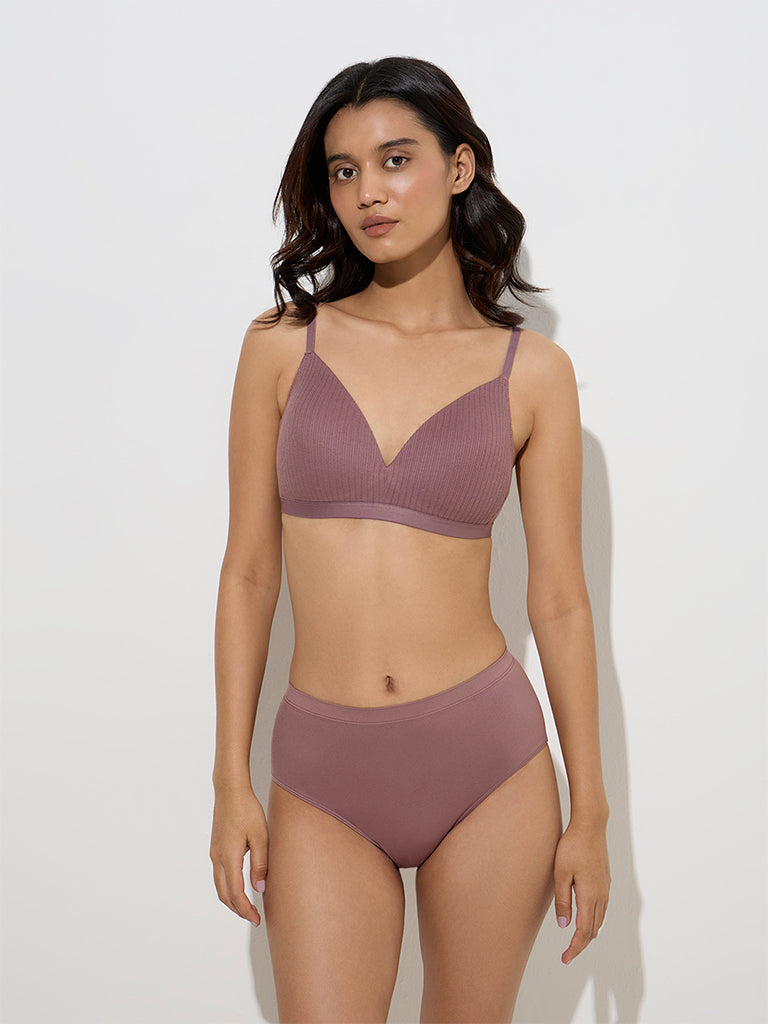 westisde Wunderlove Women's Mauve Ribbed-Textured Padded Bra for Casual Wear Full Model View