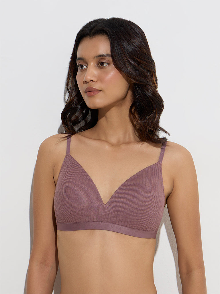 westisde Wunderlove Women's Mauve Ribbed-Textured Padded Bra for Casual Wear Front View