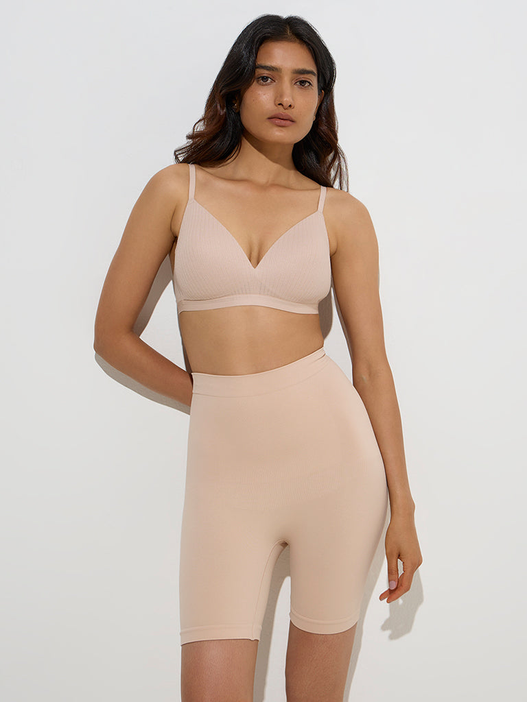 westisde Wunderlove Women's Beige Ribbed-Textured Bra for Casual Wear Full Model View