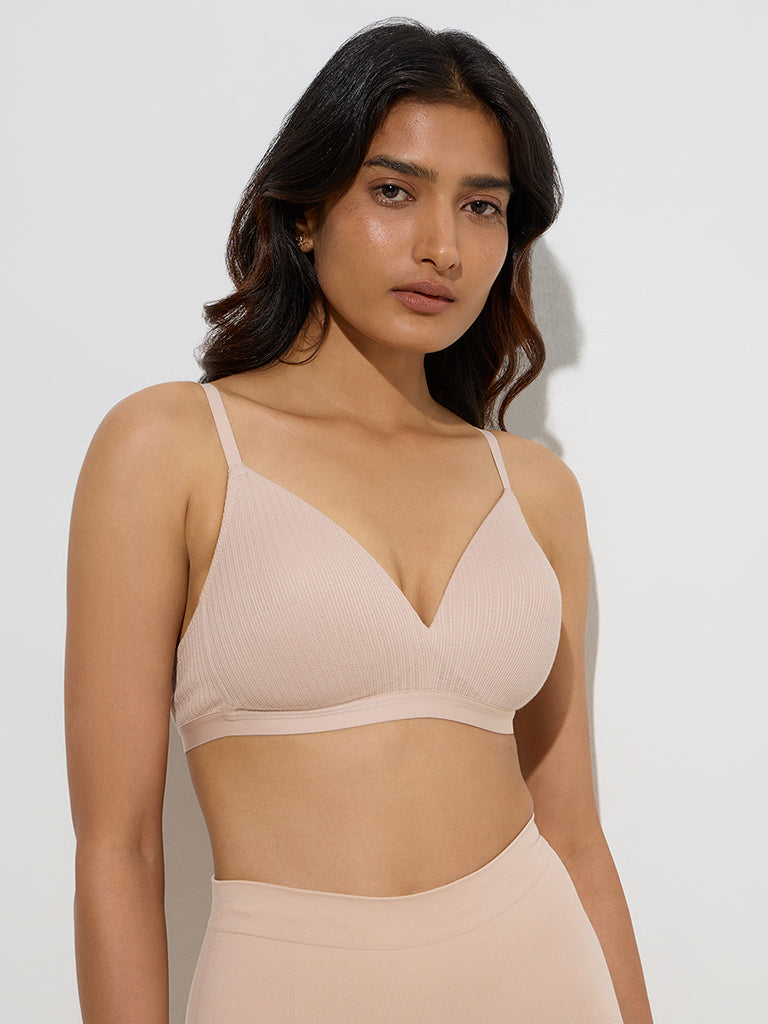 westisde Wunderlove Women's Beige Ribbed-Textured Bra for Casual Wear Front View