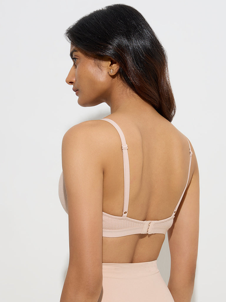 westisde Wunderlove Women's Beige Ribbed-Textured Bra for Casual Wear Back View