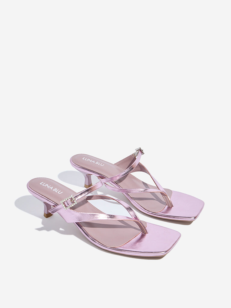 Westside LUNA BLU Women's  Pink Thong-Strap Metallic Heel Sandals for Casual Wear Front View
