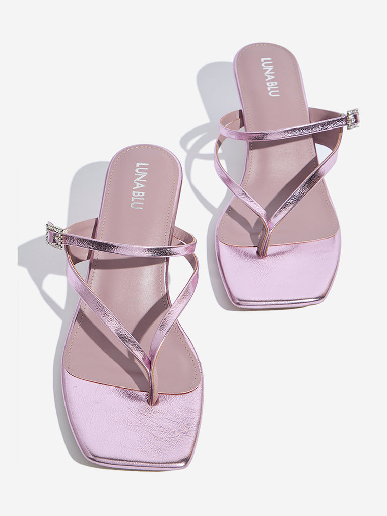 Westside LUNA BLU Women's  Pink Thong-Strap Metallic Heel Sandals for Casual Wear Zoomed View
