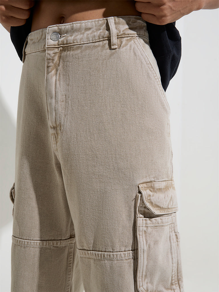 Nuon Beige Cargo-Style Relaxed - Fit Mid - Rise Jeans