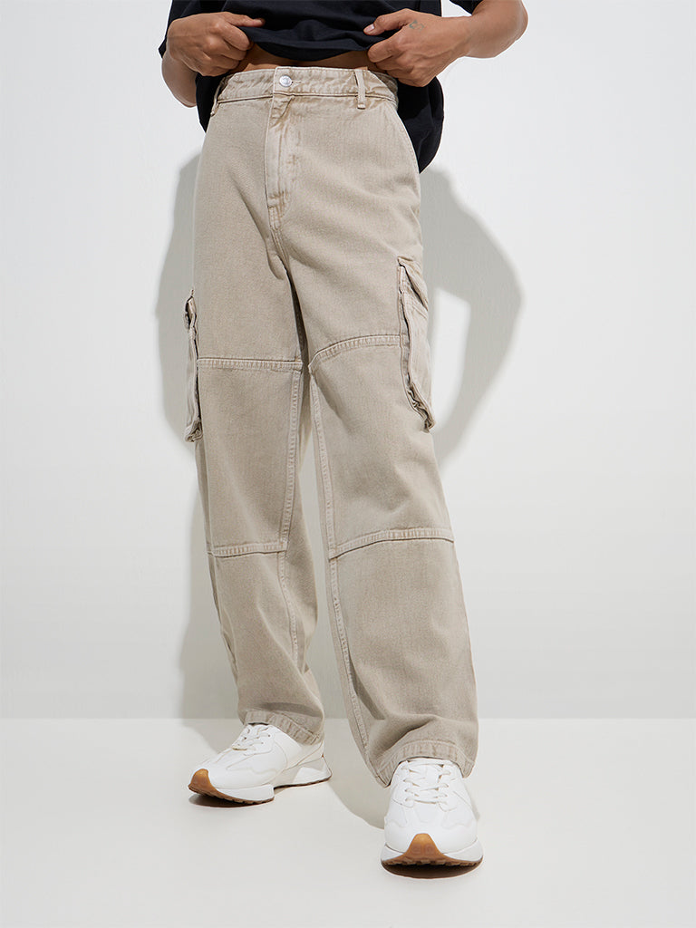Nuon Beige Cargo-Style Relaxed - Fit Mid - Rise Jeans