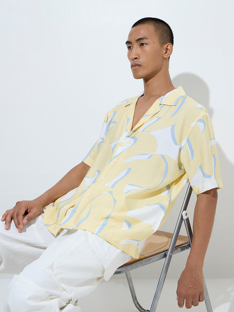 Nuon Light Yellow Abstract Design Relaxed-Fit Shirt