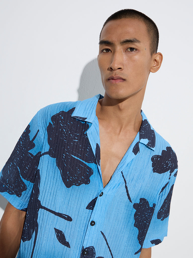 Nuon Blue Floral Printed Relaxed-Fit Shirt