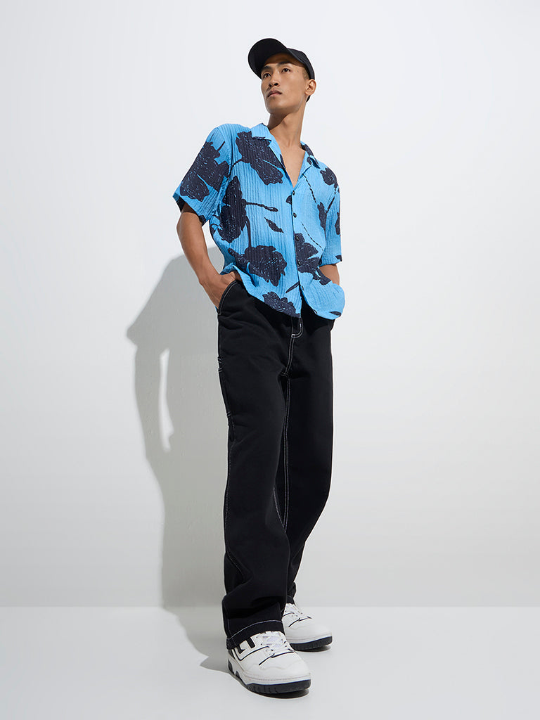 Nuon Blue Floral Printed Relaxed-Fit Shirt