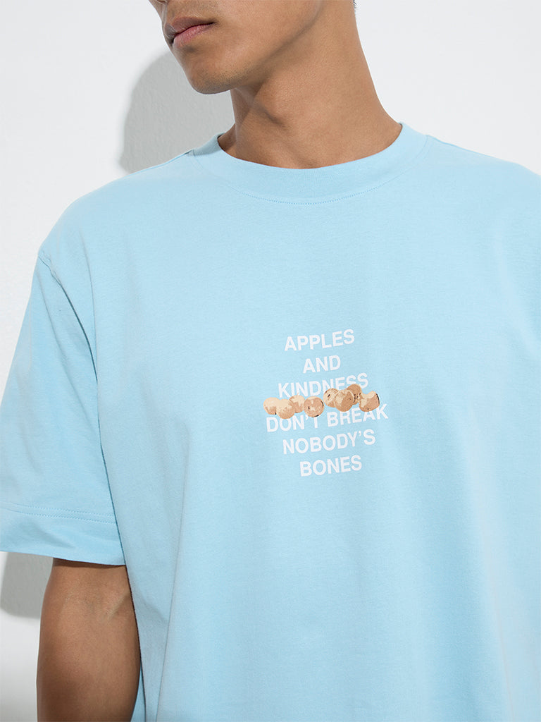 Nuon Light Blue Typographic Relaxed-Fit Cotton T-Shirt