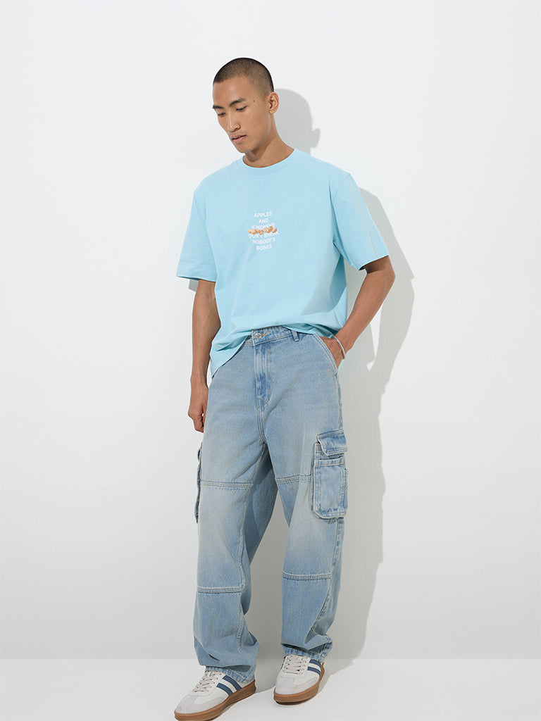 Nuon Light Blue Typographic Relaxed-Fit Cotton T-Shirt