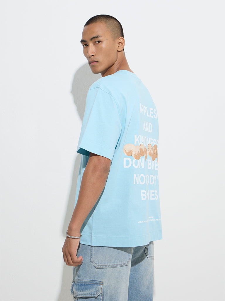 Nuon Light Blue Typographic Relaxed-Fit Cotton T-Shirt