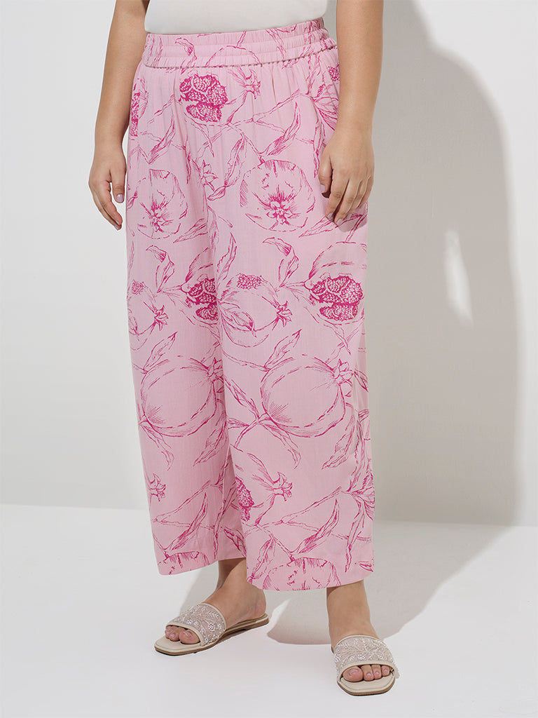 Westside Diza Women's Pink Floral Design Mid-Rise Palazzos for Everyday Front View