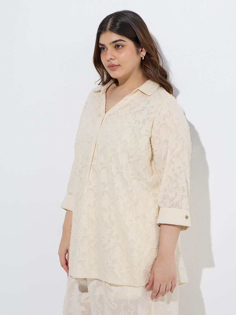 westisde Diza Women's Beige Jacquard Cotton Tunic for Work Wear Front View