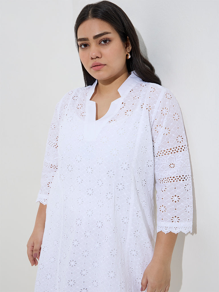 Diza White Floral Schiffli Detailed Cotton Kurta