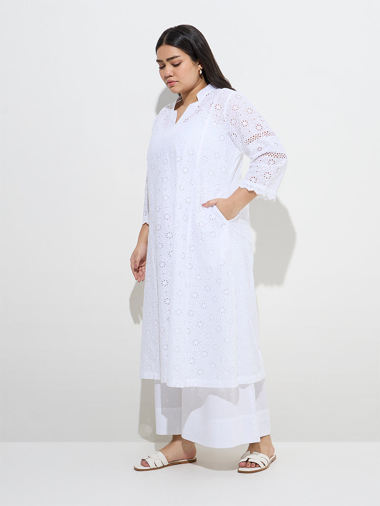 Diza White Floral Schiffli Detailed Cotton Kurta
