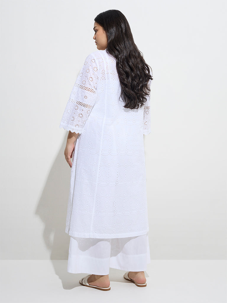 Diza White Floral Schiffli Detailed Cotton Kurta
