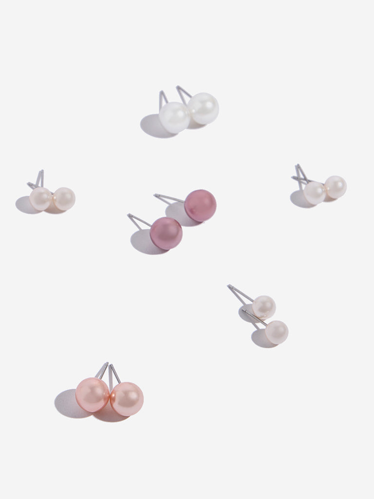 Westside Accessories Multicolour Pearl Stud Earrings - Pack of 6