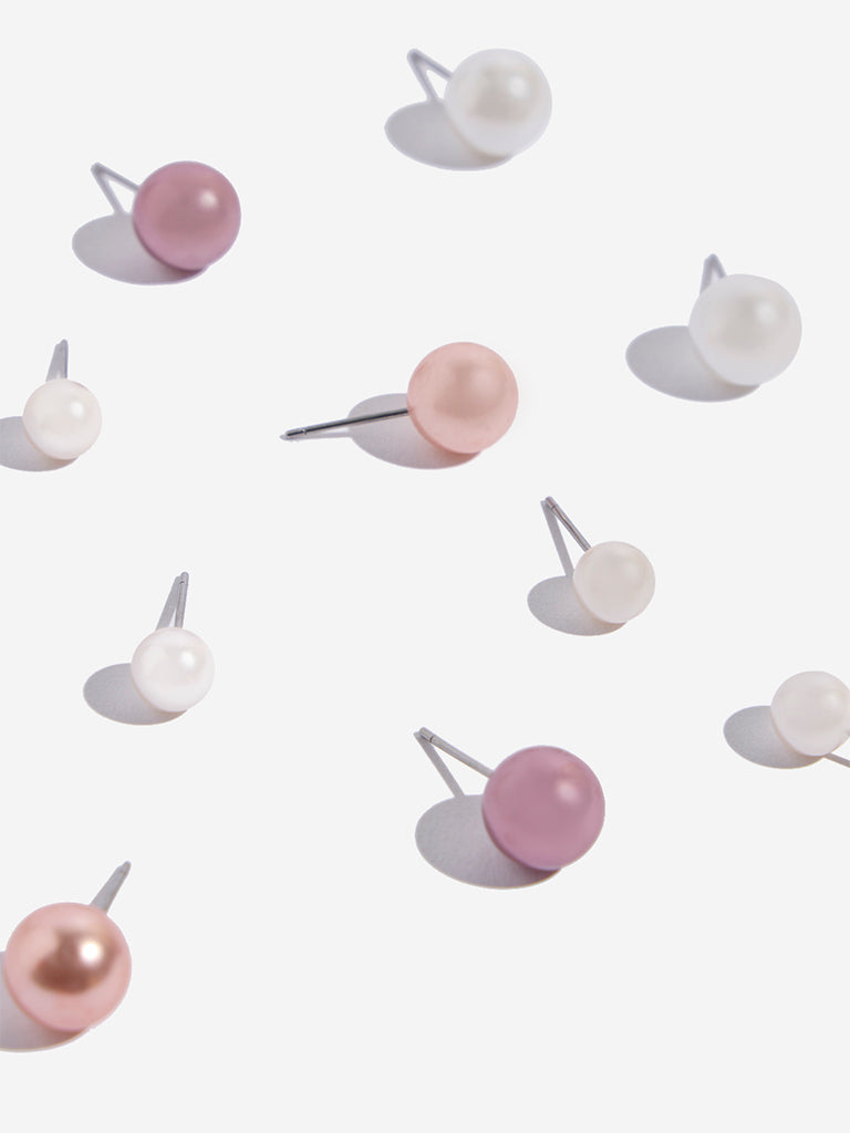 Westside Accessories Multicolour Pearl Stud Earrings - Pack of 6