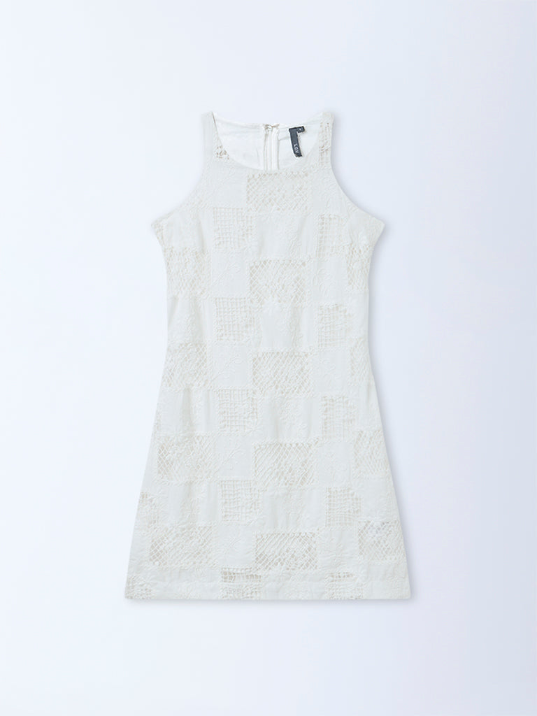 LOV White Embroidered Cotton Straight Dress