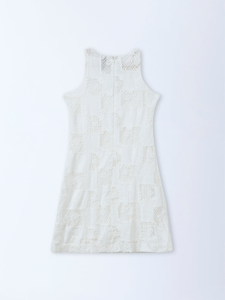 LOV White Embroidered Cotton Straight Dress