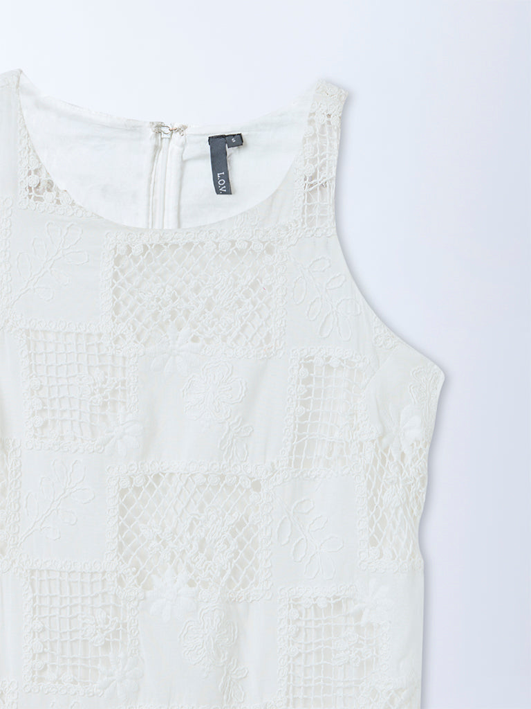 LOV White Embroidered Cotton Straight Dress