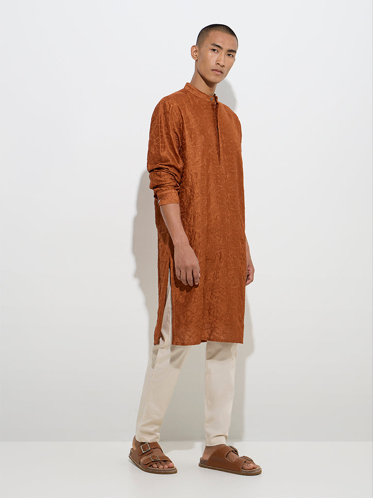 Mens Ethnicwear Orange Embroidered Relaxed-Fit Cotton Kurta