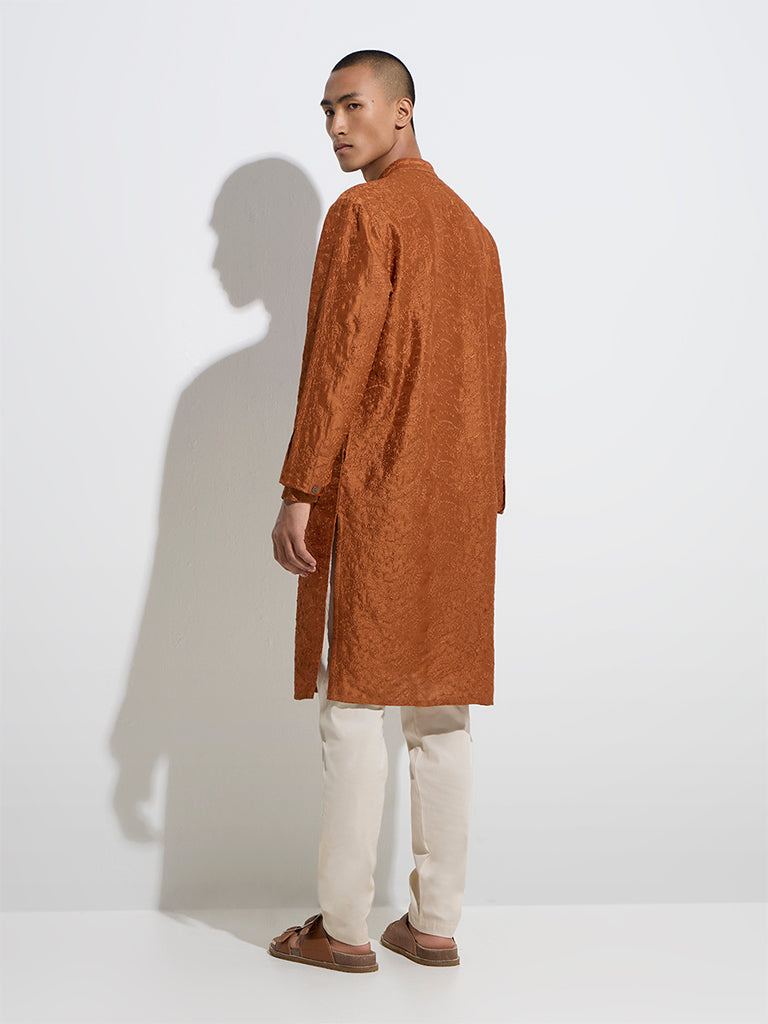 Mens Ethnicwear Orange Embroidered Relaxed-Fit Cotton Kurta