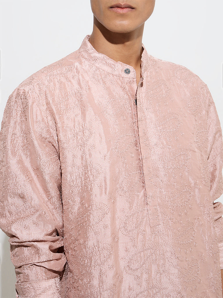 Mens Ethnicwear Pink Embroidered Relaxed-Fit Cotton Kurta