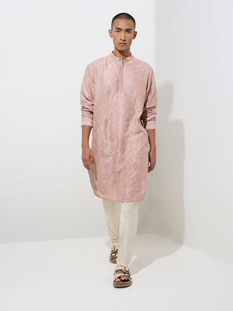 Mens Ethnicwear Pink Embroidered Relaxed-Fit Cotton Kurta