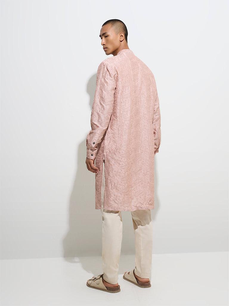 Mens Ethnicwear Pink Embroidered Relaxed-Fit Cotton Kurta